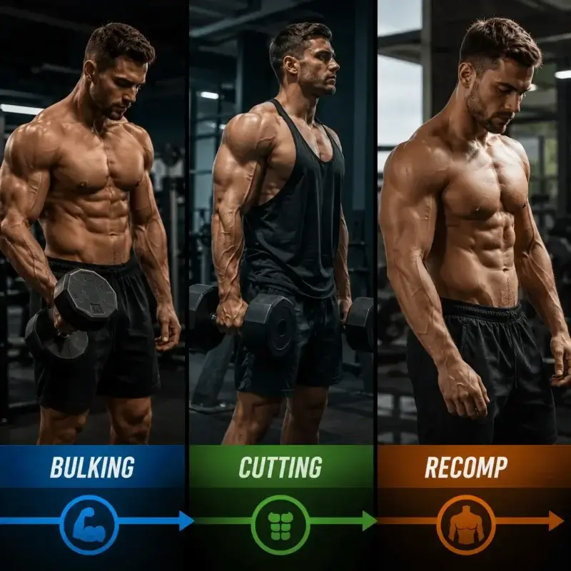 Three bodybuilding phases comparison bulking, cutting and body recomposition