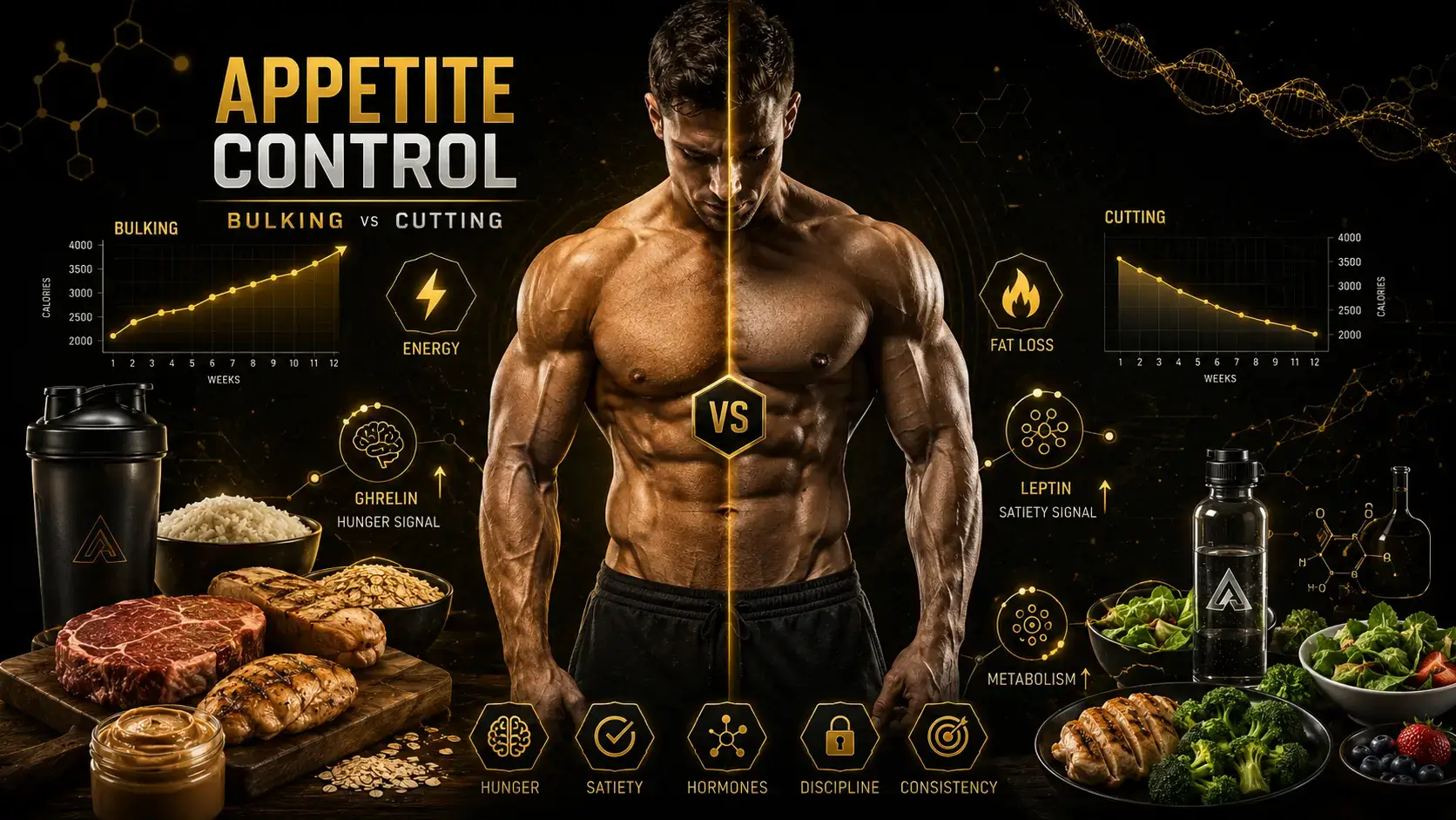 Appetite control during bulking and cutting through nutrition, hormones and sports pharmacology
