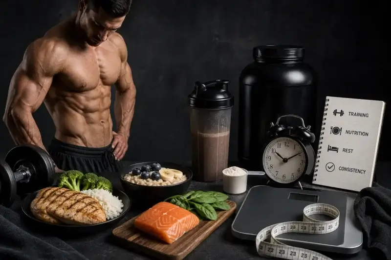Long-term cutting with calorie deficit, high-protein nutrition, strength training and recovery to preserve muscle mass