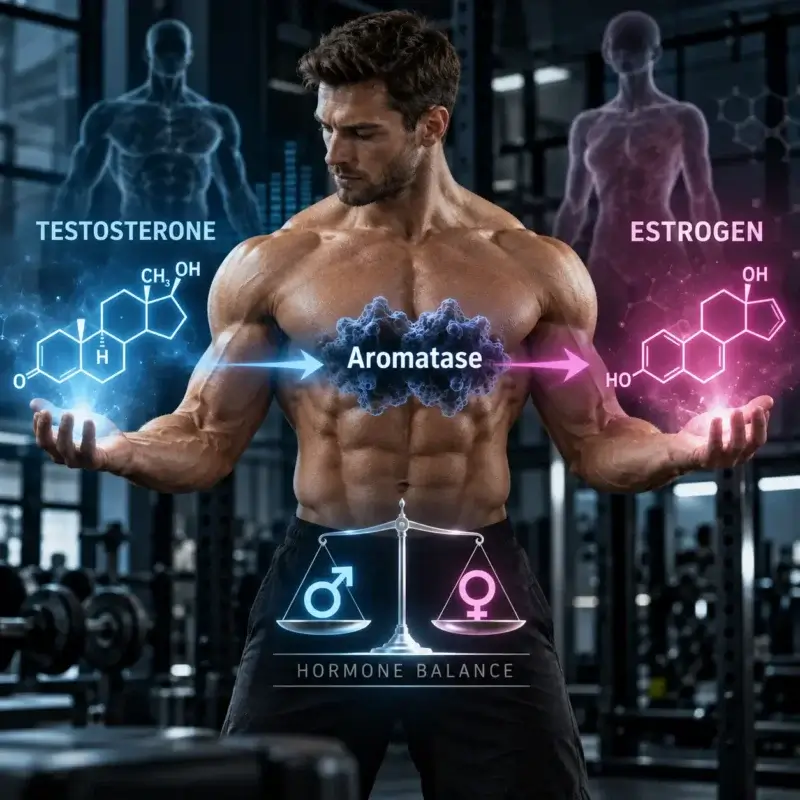 Aromatase in bodybuilding showing the conversion of testosterone into estrogen