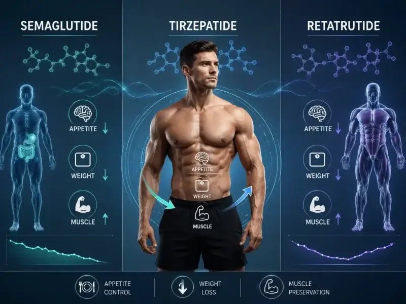 Semaglutide, Tirzepatide and Retatrutide comparison for appetite control, weight loss and muscle preservation