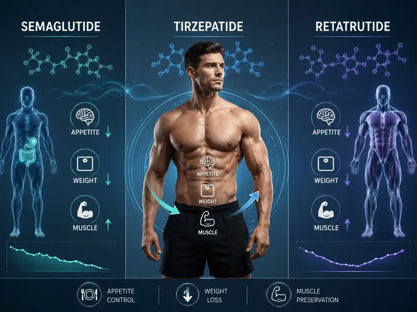 Semaglutide, Tirzepatide and Retatrutide comparison for appetite control, weight loss and muscle preservation